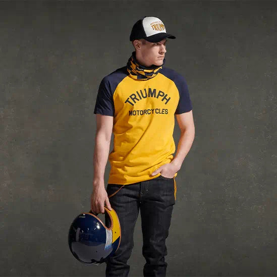 TRIUMPH SALTERN CONTRAST SLEEVE TEE IN GOLD AND NAVY
