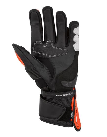Black glove with orange accents on a white background